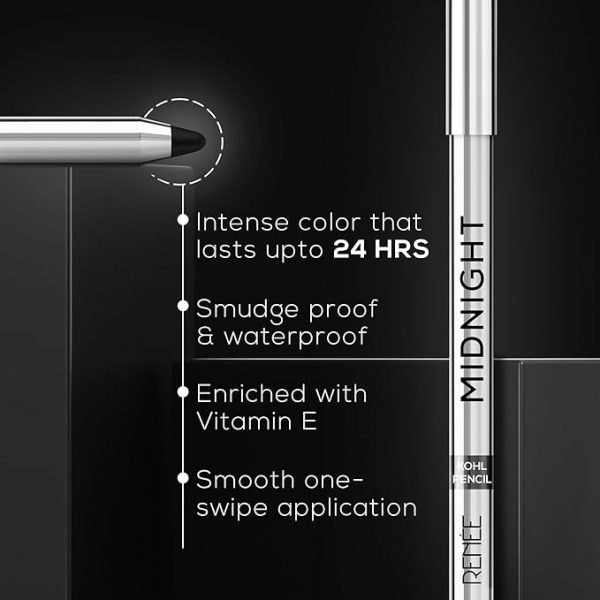 RENEE Midnight Kohl Pencil Smudgeproof And Waterproof Kajal 24 Hrs Long Stay Darkest Black One Swipe Application Rich Color Payoff Vitamin E Olive Oil And Castor Oil 1.5 Gm