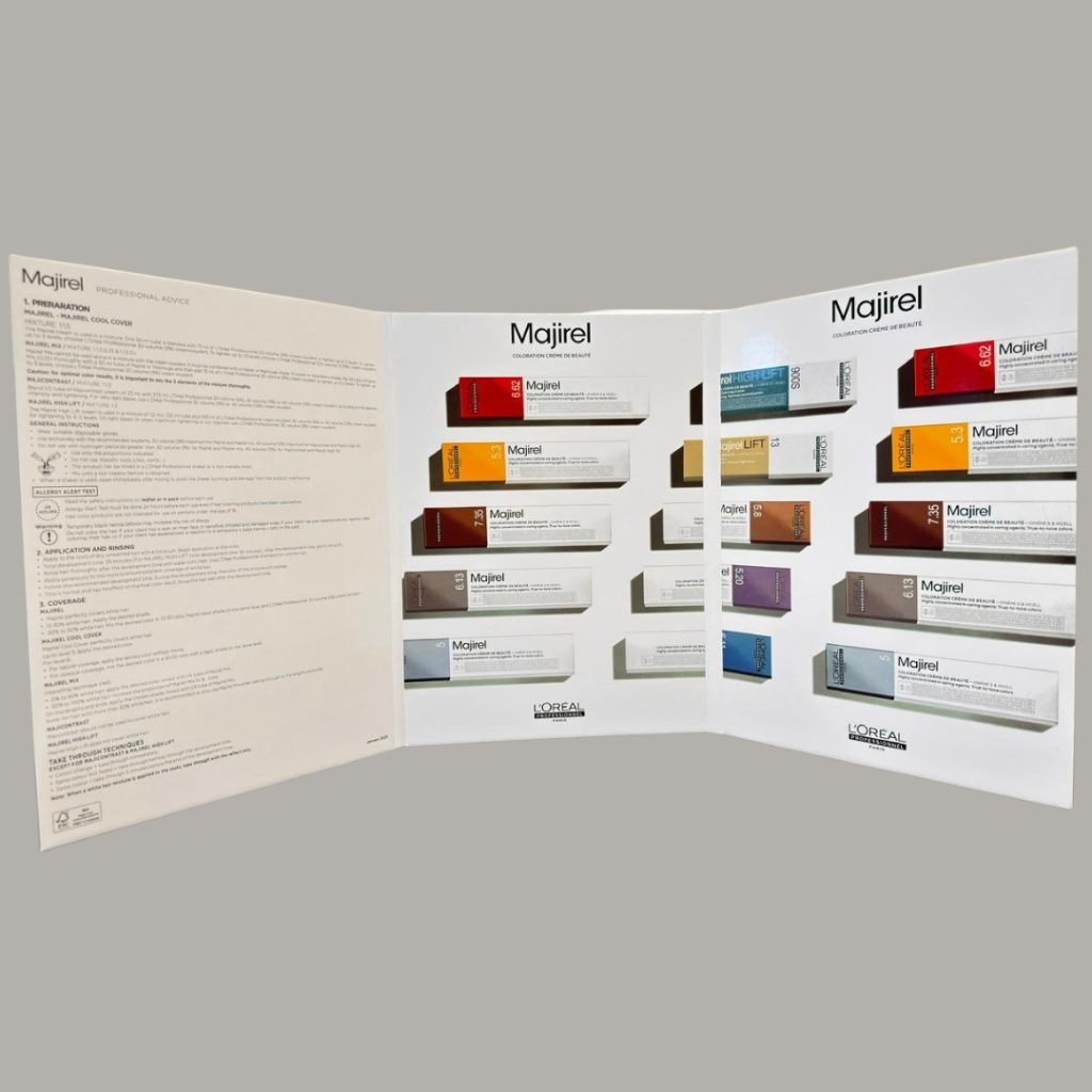 L'Oréal Professionnel Majirel Hair Color Shade Card | Professional Salon Color Chart Book Discover the full spectrum of L'Oréal Professionnel Majirel with the official Majirel Hair Color Shade Card — the essential tool for salon professionals and hair colorists. This comprehensive shade chart showcases the complete Majirel color range, including base tones, fashion shades, high-lift blondes, and coverage colors. Expertly organized for easy reference, the shade card helps stylists guide clients through their color journey, offering a clear visual of each permanent hair color option. From rich brunettes and vibrant reds to cool blondes and icy ash tones, each swatch reflects the true results of the Majirel color range.