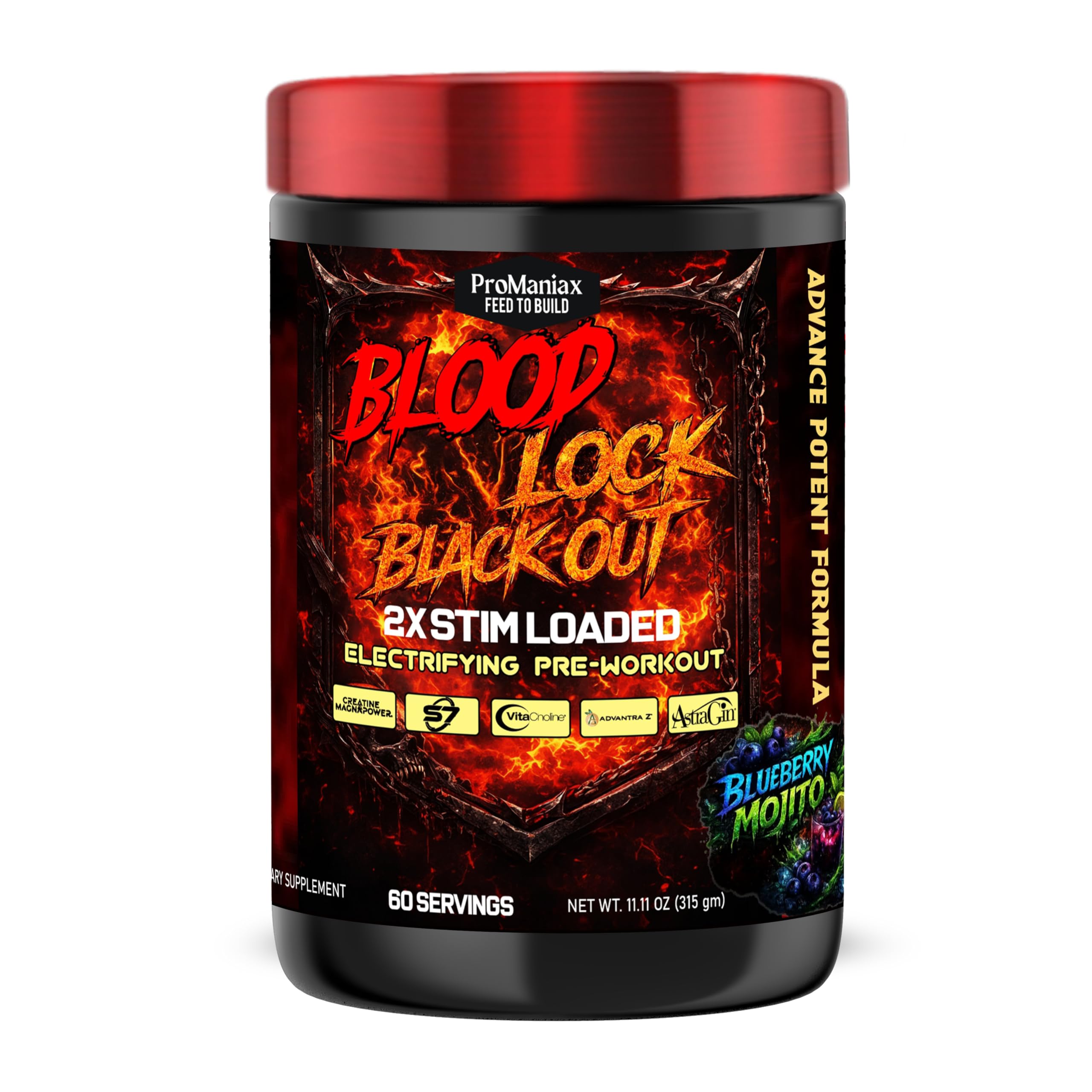 Promaniax Blood Lock Blackout 2X Stim Loaded Electrifying Pre-Workout 60 Servings (315GM) Blueberry Mojito