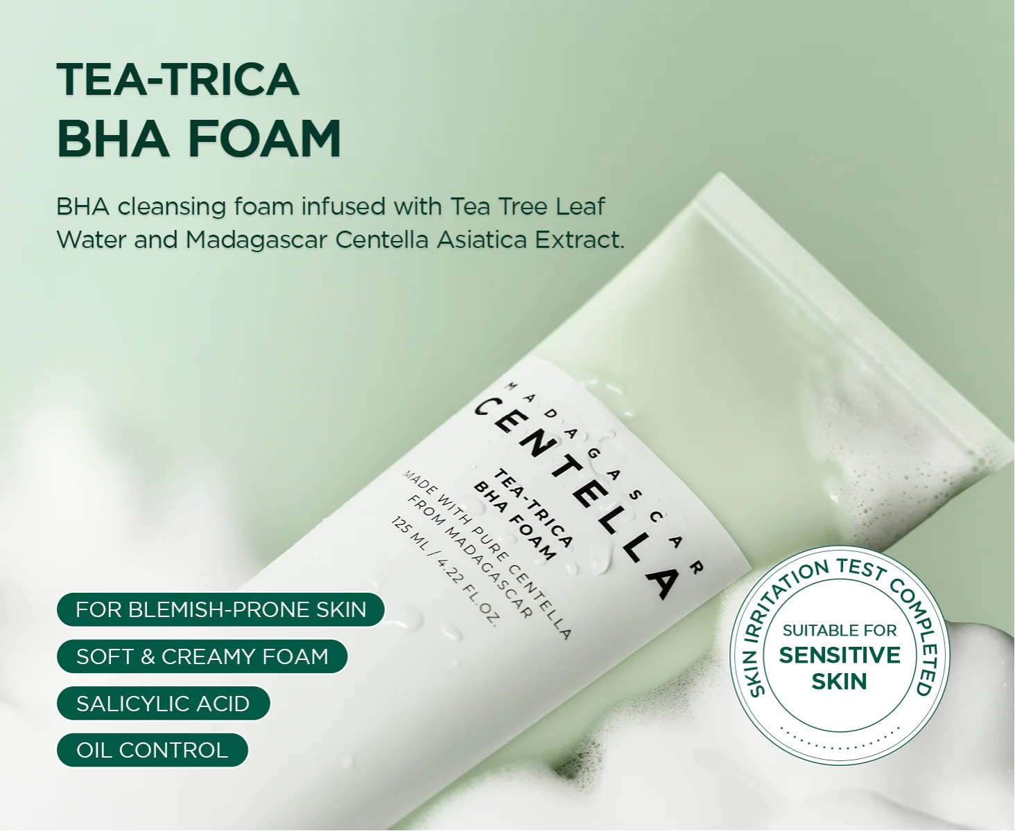 SKIN1004 Tea-Trica BHA Foam 125ml, Makeup Remover with Centella Asiatica & Tea Tree, Korean Face Cleanser for Oil & Sebum Balance, Cleansing Foam for Clearing Impurities, Korean Skin Care