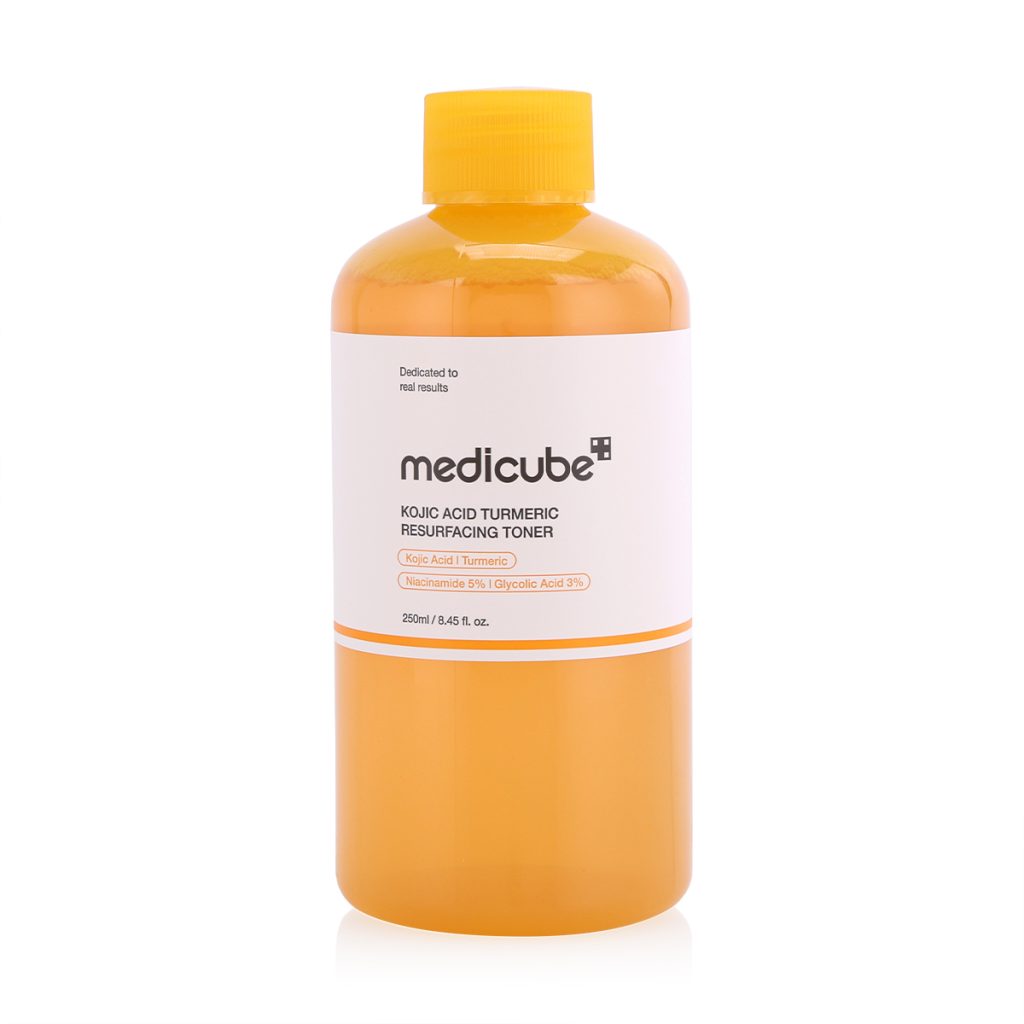 Medicube Kojic Acid Turmeric Resurfacing Toner 250ml for brightening and skin texture care original product available on PinkBliss India